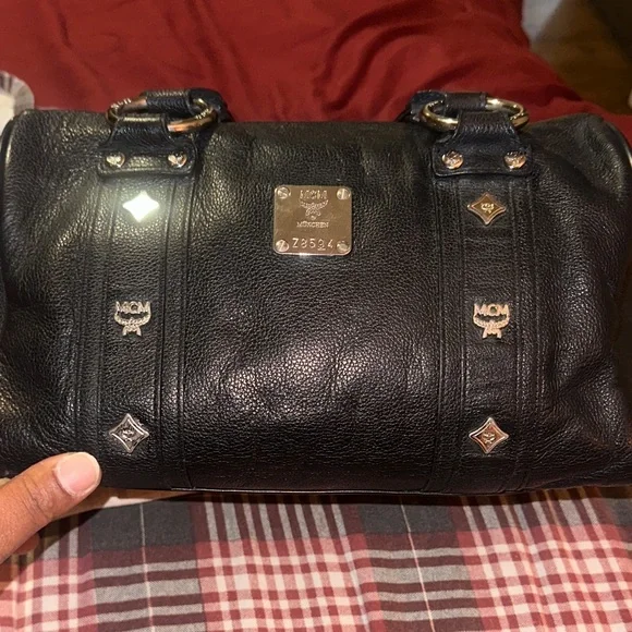 MCM Black Leather Studded Duffel with Silver Plaque - Picture 2 of 9